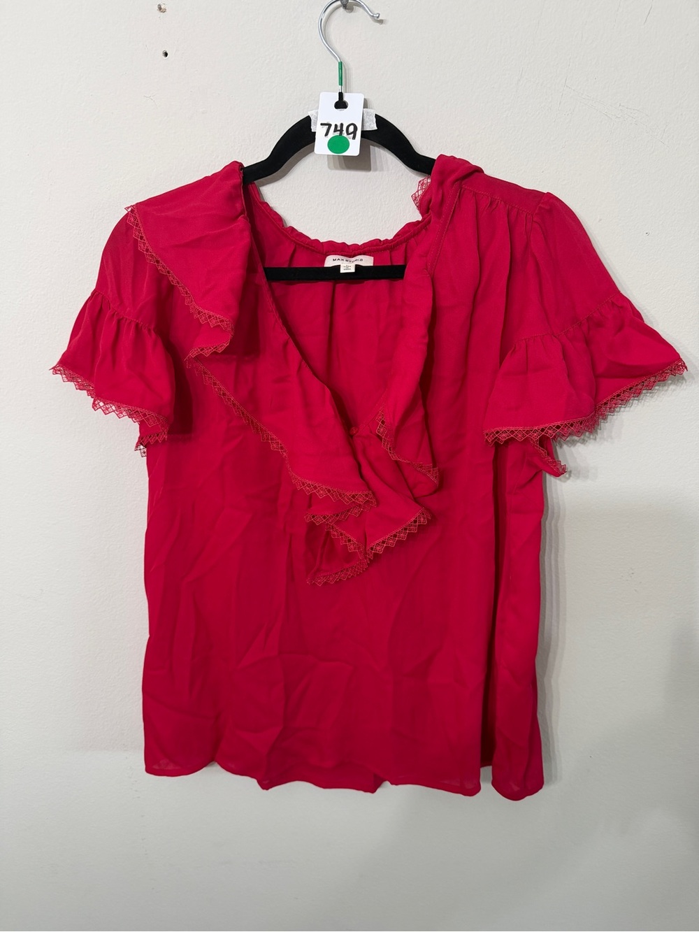 Women’s Max Studio Hot Pink Ruffle Lace Trim Blouse Large Romantic Boho